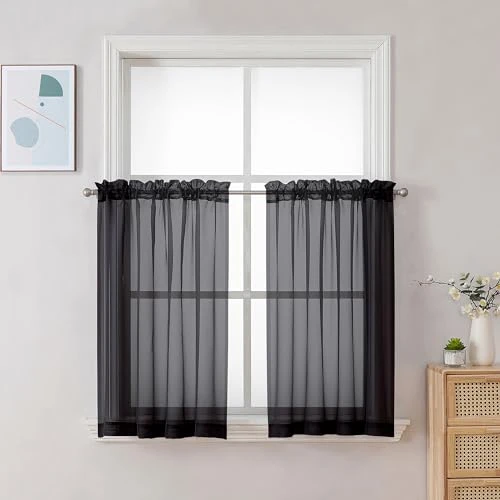 Chyhomenyc Lot de 2 Rideaux Transparents Noirs de 76,2 cm de Long avec Passe-Tringle pour Salle de Bain, Salon, Ferme, Petites fenêtres, 106,7 x 76,2 cm