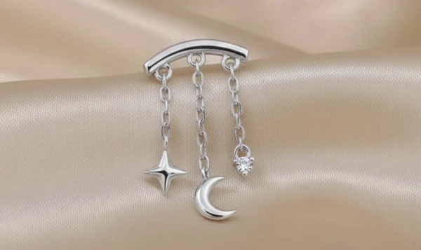 Boucles d'oreilles pendantes hélix lune étoile pendantes, boucles d'oreilles pendantes hélice/tour/cartilage/tragus, argent sterling massif, bijoux piercing hélice à dos plat