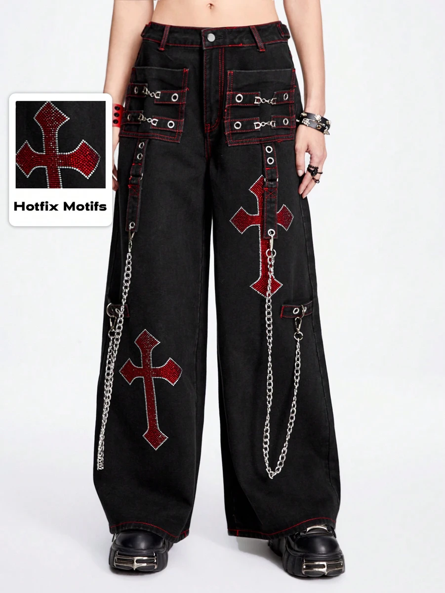 ROMWE Grunge Punk Jeans ample et ample de garçon décontracté avec éyelets, broderie de croix de strass, convient pour l'école