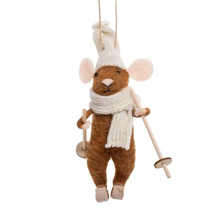 Suspension de Noël souris avec ski en bois de pin marron