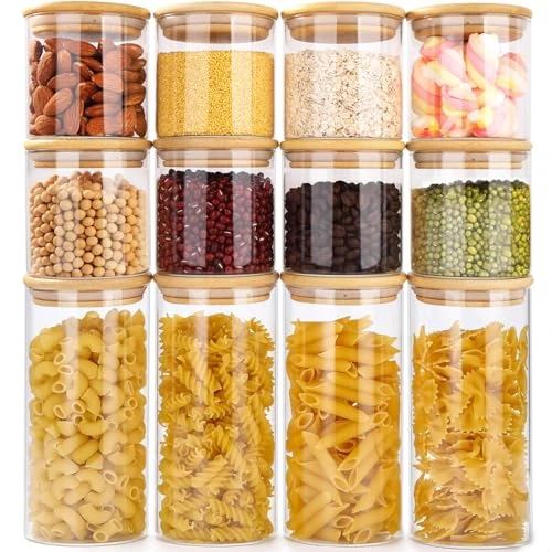Otauoaea Lot de 12 Bocaux en Verre, 650ml/300ml - Pot en Verre avec Couvercle en Bambou - Pot de Rangement Cuisine - Bocal Hermétique Boite Rangement pour Pâtes, Céréales, Haricots, Épices