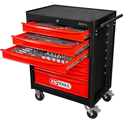 KS TOOLS Noir/Rouge Servante d'atelier Ecoline 7 tiroirs, équipée de 215 Outils, Acier allié, 748 x 1014 x 459 mm