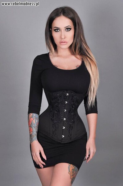Os d’acier gothique serré taille formation noir goth guipure dentelle underbust corset longline