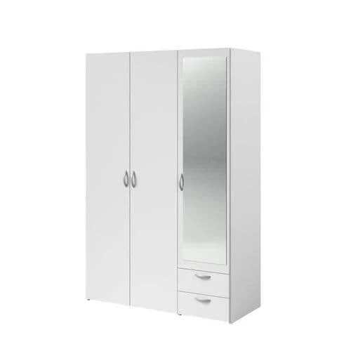 Armoire Varia - Décor Blanc - 3 Portes Battantes + Miroir + 2 Tiroirs - L 120 X H 185 X P 51 Cm