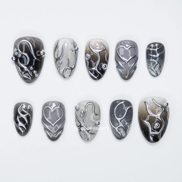 Chrome fumé, ongles press on peints à la main, réutilisables, pour fêtes et mariages, ongles premium OB94