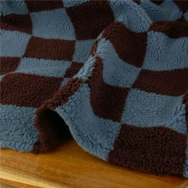 tissu fausse fourrure teddy damier bleu bordeaux – épais et moelleux