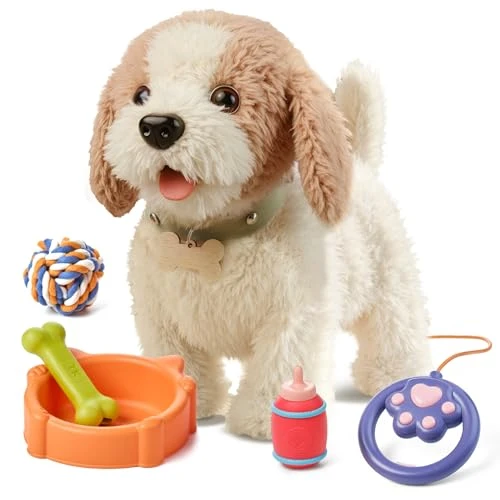 OR OR TU Jouets pour Chien pour Enfants, Marche et Aboie en Laisse, Jouets Interactifs Réalistes pour Chien en Peluche électronique pour Enfants de 3 4 5 6 7 Ans et Plus, Filles et Garçons