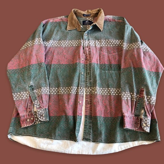 vintage 417 By Van Heusen Button Down Shirt / Corduroy Collar Aztec Navajo Pattern Western Fashion Size XL