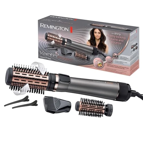 Remington Brosse Soufflante Rotative automatique [Soin kératine &amp; huile d'amande] Keratin Protect (1000W, Céramique, Température variable, 3 accessoires: 2 brosses rondes 40 &amp; 50mm + de Volume) AS8811