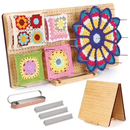 Coopay Grande Planche de Blocage Crochet, 57x29cm Pliable Bloqueur Granny Square Crochet, Planche Blocage Crochet Carré Granny en Bois, Accessoires de Crochet Tricot, avec 40 Tiges de Métal