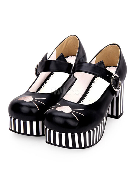  Sweet Lolita Pumps Broderie Stripe Strappy Platform Chunky Heel Chaussures Lolita