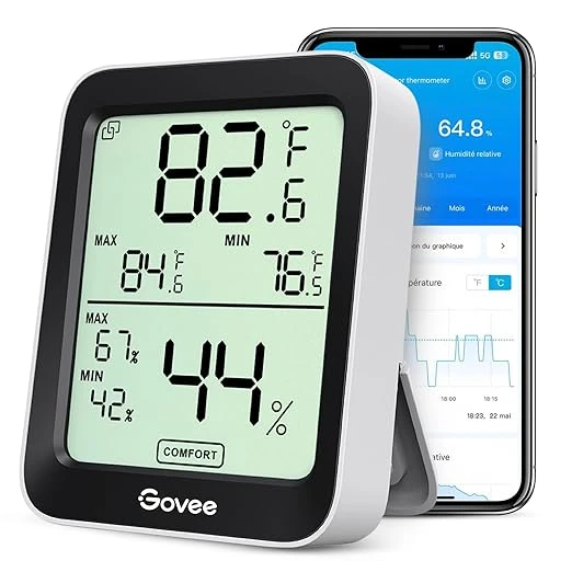 Govee Thermomètre Hygromètre Intérieur Petit Moniteur Mini Numérique à Haute Précision Capteur Humidité Température, LCD Bluetooth Stockage Données Maison Chambre Frigo Cave Garage Serre
