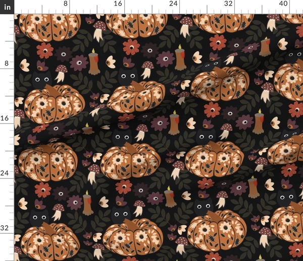 Fabric in Cottage core Florals Halloween Black Cat small scale