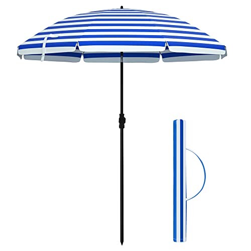 SONGMICS Parasol de Plage Ø 1,6 m, Ombrelle de Jardin, Protection UPF 50+, inclinable, Portable, résistant au Vent, Baleines en Fibre de Verre, avec Sac, Rayures Bleues et Blanches GPU60WU