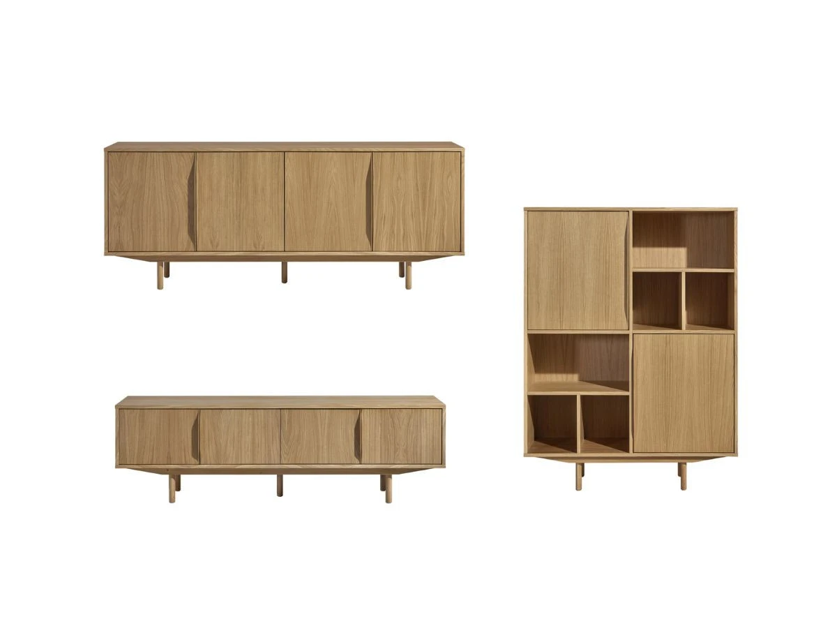 Ensemble BONNIE avec buffet 200 cm + meuble TV 180 cm + bibliothèque H.160 cm placage chêne massif | BOBOCHIC ®