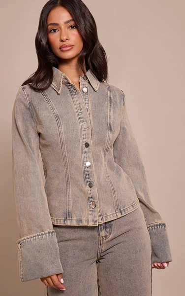 Petite Chemise ajustée en jean bleu vintage délavé à manches longuesChemi
