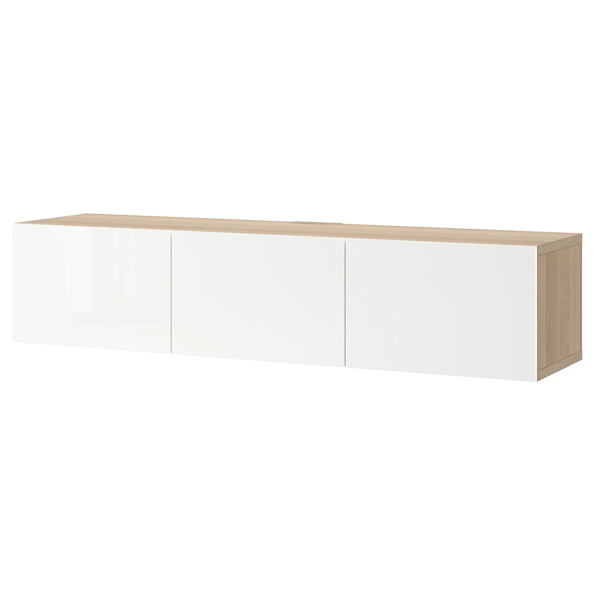 BESTÅ Banc TV avec portes - effet chêne blanchi/Selsviken brillant/blanc 180x42x38 cm