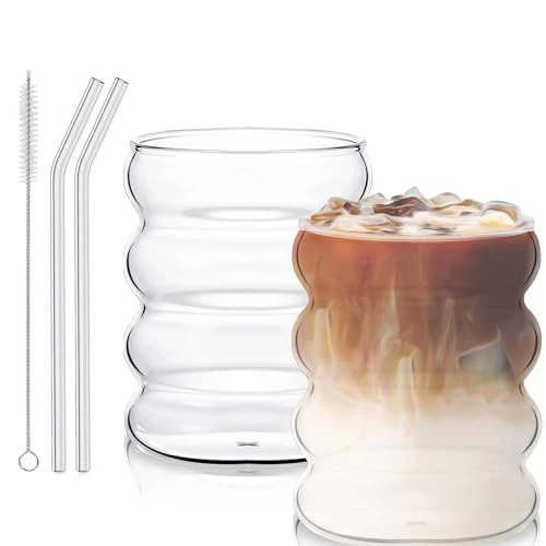 Lot de 2 verres à café cannelés de 300 ml avec pailles en verre nervurées pour la restauration, l'eau, le jus, la bière, verres universels