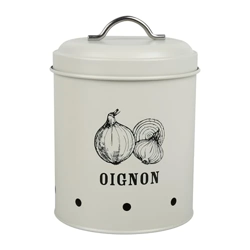 Gimel 528251 Boîte de Rangement pour Oignon - Volume Ø 14 cm H 19 cm - Boîte de Rangement de Cuisine Coloris Beige Décor Oignon
