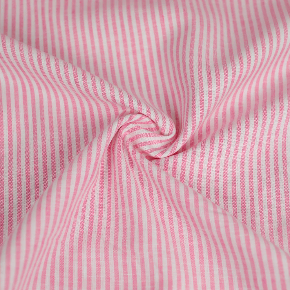 Tissu lin et coton à motif tissé fines rayures rose | Pour couture d'habits en fibre naturelles