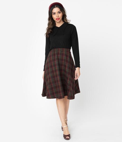 Vintage Style Dark Red & Green Plaid Woven Swing Skirt