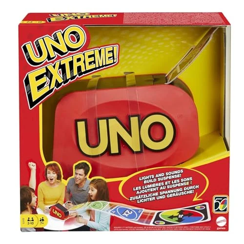 Mattel Games Jeu de Cartes UNO Extreme avec Distributeur aléatoire émettant des lumières et des Sons, 112 Cartes. Jeu pour Enfants, Adolescents et Adultes. Cadeau pour Joueurs de 7 Ans et Plus, GXY75