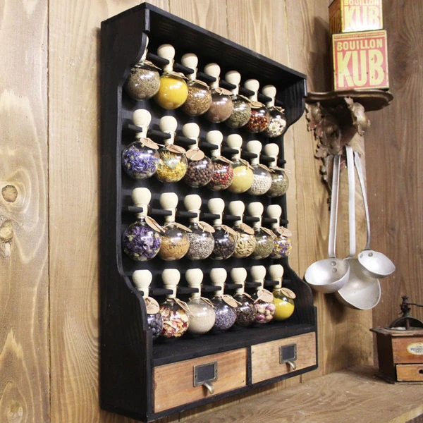 Meuble à Épices De Style Vintage (Teinte Noir) avec 28 Bulles - Bulles d'épices