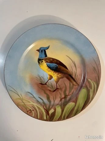 Assiette décorative vintage peinte à la main oiseau champ signé Gil
