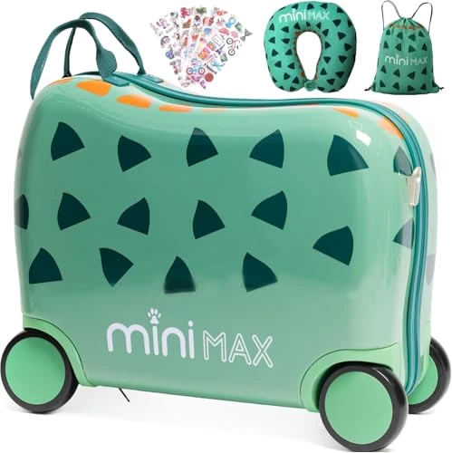 Aerolite Minimax Valise Enfant à 4 roulettes 45x36x20cm - Bagage Cabine pour Enfants 29L Bagage à Main de Voyage à Coque Rigide et 4 Roues - Set de Bagages avec Sac et Oreiller 45x36x20 (Dinosaure)