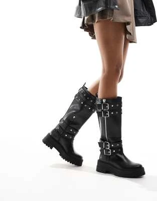 Stradivarius - Bottes plates chunky hauteur genou à boucles - Noir