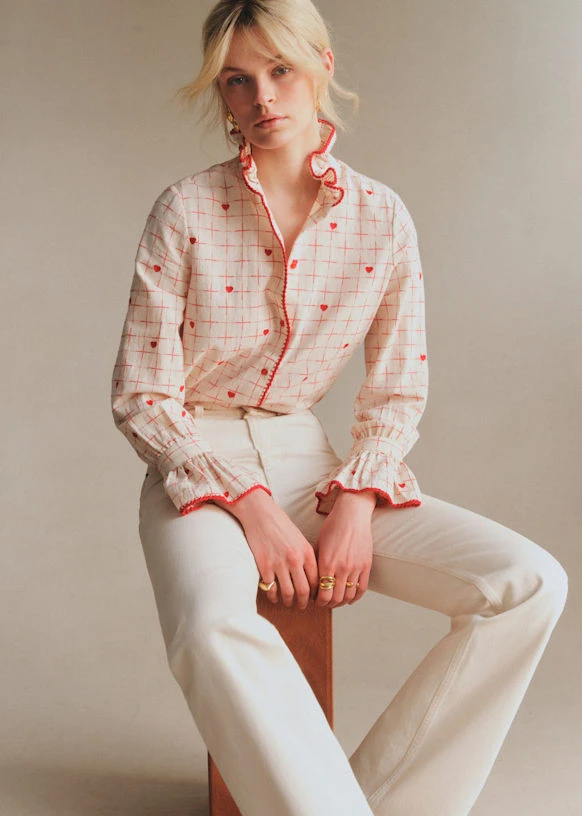 Chemise Lise - Carreaux Et Coeur Rouge Fond Ecru