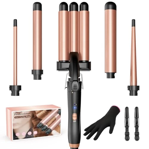 Boucleur a Cheveux Boucleur 3 Tete-BESTOPE MIX Fer a Boucler 5 en 1 avecTempérature Réglable, Fer à Boucler avec Chauffage rapide PTC, Boucleur Cheveux avec Gants et 2 Clips