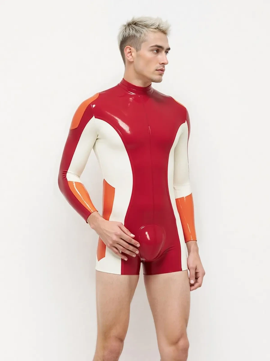 Combinaison courte en latex tricolore à manches longues pour homme