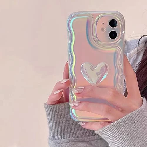 JiuWang Coque iPhone 11 Rose Laser à Effet Changeant, Cœur 3D &amp; Bord Ondulé, Protection Anti-Choc en PC IMD - Design Mignon &amp; Romantique