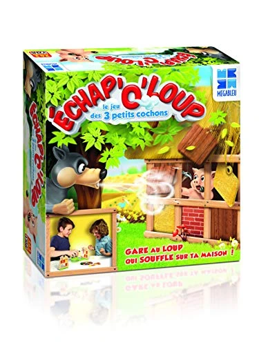Megableu - ECHAP O Loup - Jeu de Société d'action pour Enfants dès 4 Ans - Le Jeu musant des 3 Petits Cochons - Gare au Loup Qui Souffle sur Les Maisons - 2 à 3 Joueurs - 10 Min - en Français