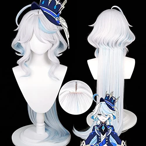 Perruque de cosplay anime, perruque Genshin Impact, avec deux bonnets de perruque, pour Halloween, fête, etc. (Furina Cosplay)