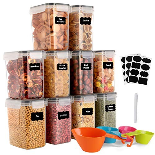GoMaihe 1.6L Boite de Rangement Cuisine Lot de 10, Bocaux Hermetiques Alimentaires en Plastique Scellée avec Couvercle, pour Stocker Les Cereales, Pâtes, Farine, Nourriture pour Animaux de Compagnie