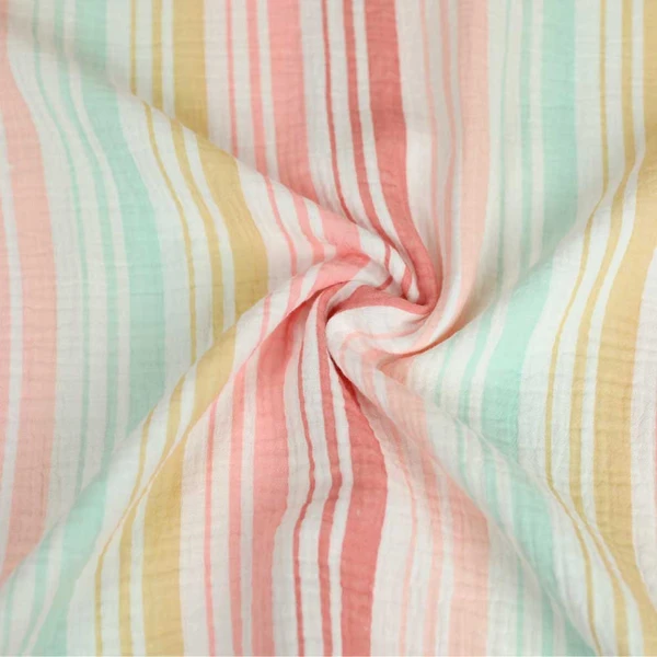 Tissu double gaze de coton blanc à motif rayure pastel | Tissu pour couture de vêtements de poids léger à moyen