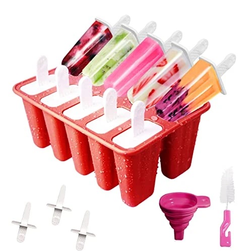Moules à glace, 10 Cavités Moules pour Glaces, Popsicle Moules Réutilisable pour la Préparation de Popsicles Crèmes Glacées Sorbets (Rouge)