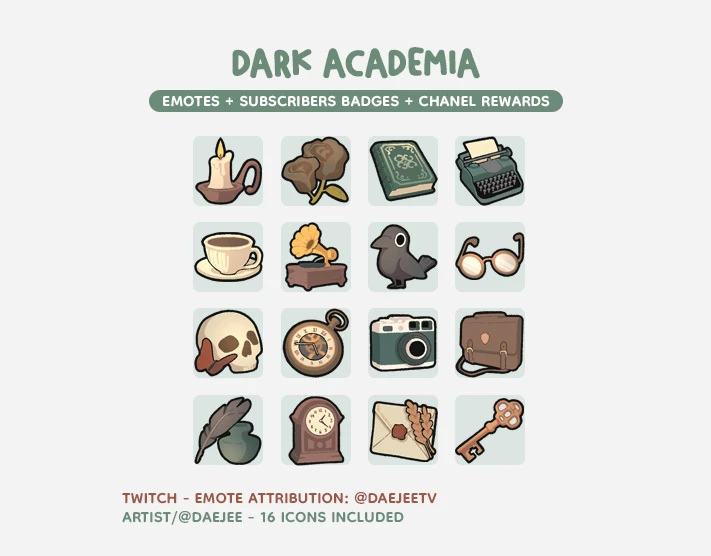 🕯️🐦‍⬛ DARK ACADEMIA PACK | x16 badges/emotes - Daejee's Ko-fi Shop