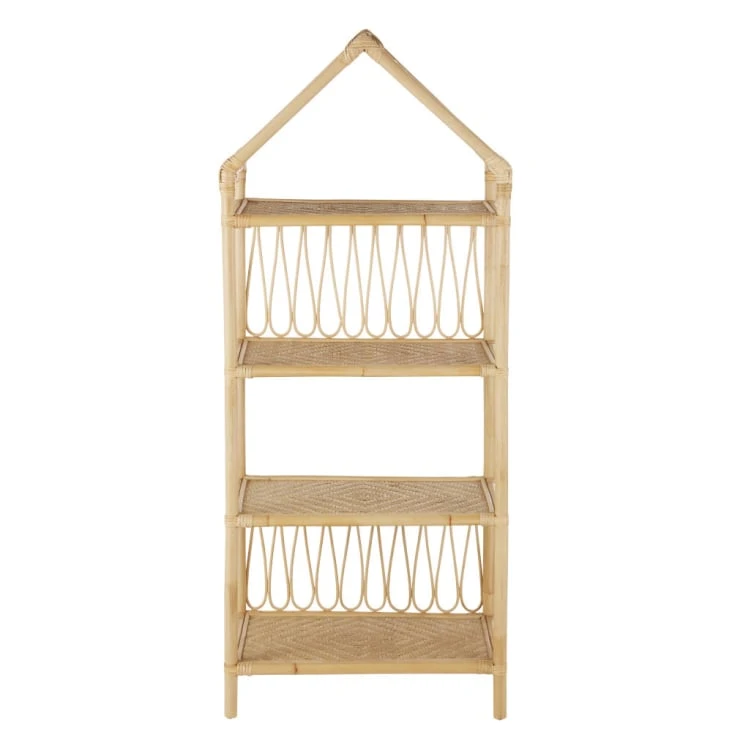 Bibliothèque maison enfant en rotin et bambou beige