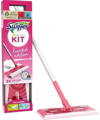 Swiffer Kit de Nettoyage pour poussière sèche, 1 Balai Rose + 8 Chiffons secs + 3 Chiffons humides, Capture et piège de la poussière et des Poils, élimine la saleté et Les bactéries, pour Tous Types