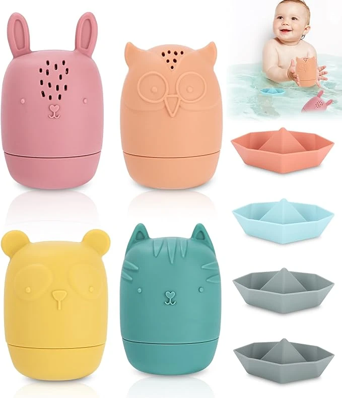 Toaren Silicone Jouet Bebe 8pcs Jouets Bain Bebe 1 Ans,Jouet Bebe 6 Mois,Poupées Matriochka Silicone Souple Jouet de Bain pour Bebe,Animaux Jouets Empilables Enfant Jeux Educatif 1 2 3 Ans