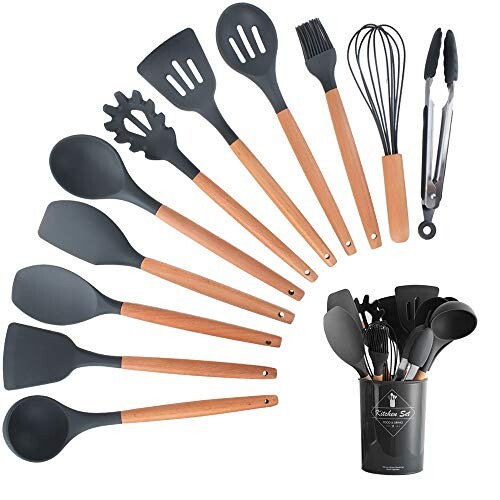HENSHOW Kit Ustensiles de Cuisine, 12Pièces Ustensiles de Cuisine Ensembles Silicone Comprend Porte-Ustensile - Outil de Cuisine Antiadhésif pour Cuisine avec Poignée en Bois (Couleur Noir)