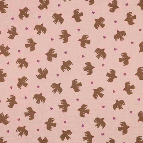 GOTS Tissu double gaze de coton Oiseaux et coeurs | Poppy Fabrics – vieux rose - Idéal pour Décoration pour enfants