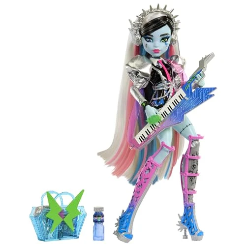 Monster High Poupée Articulée Frankie Stein Survoltée Rockstar, Look Punk BCBG, avec Instrument Et Accessoires, Thème Spectacle, Jouet Enfant, A Partir De 4 Ans, HNF84