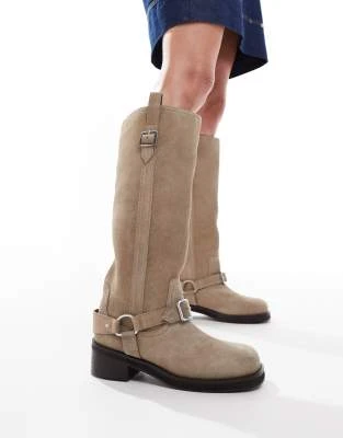 ASOS DESIGN - Cora - Bottes hauteur genou style motard en daim avec détail harnais - Taupe