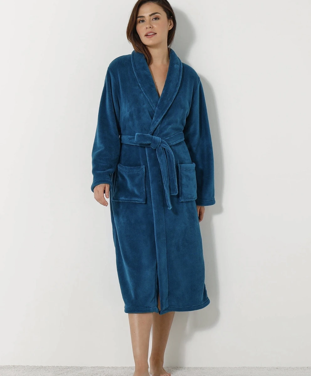 Peignoir mixte adulte col châle, microfibre toucher peluche
