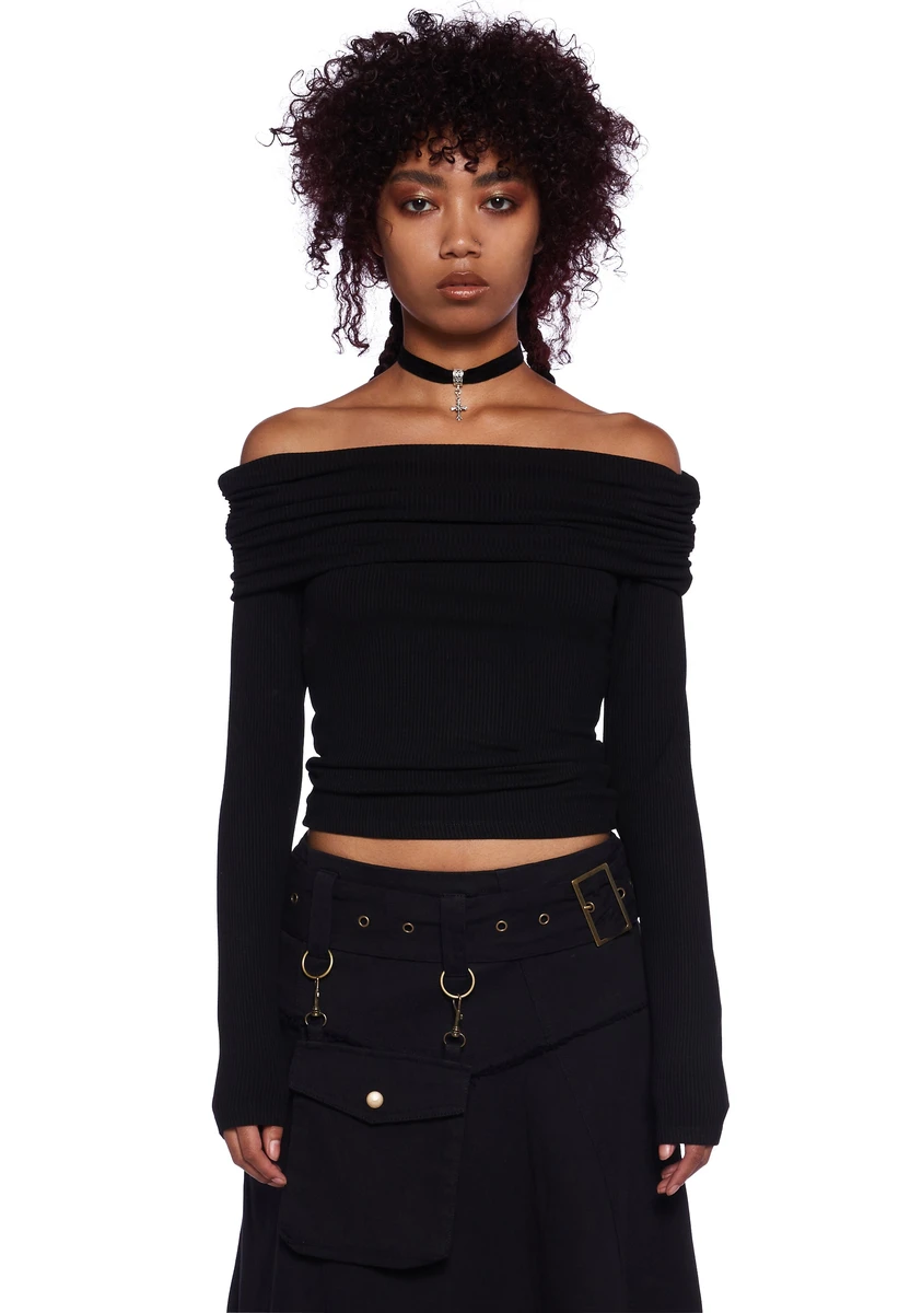 Current Mood Knit Ribbed Off The Shoulder Long Sleeve Top - Black