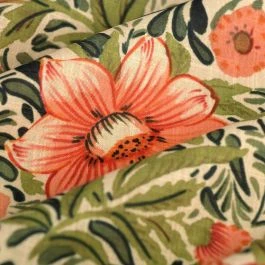 Tissu toile recyclé effet lin hibiscus corail vert